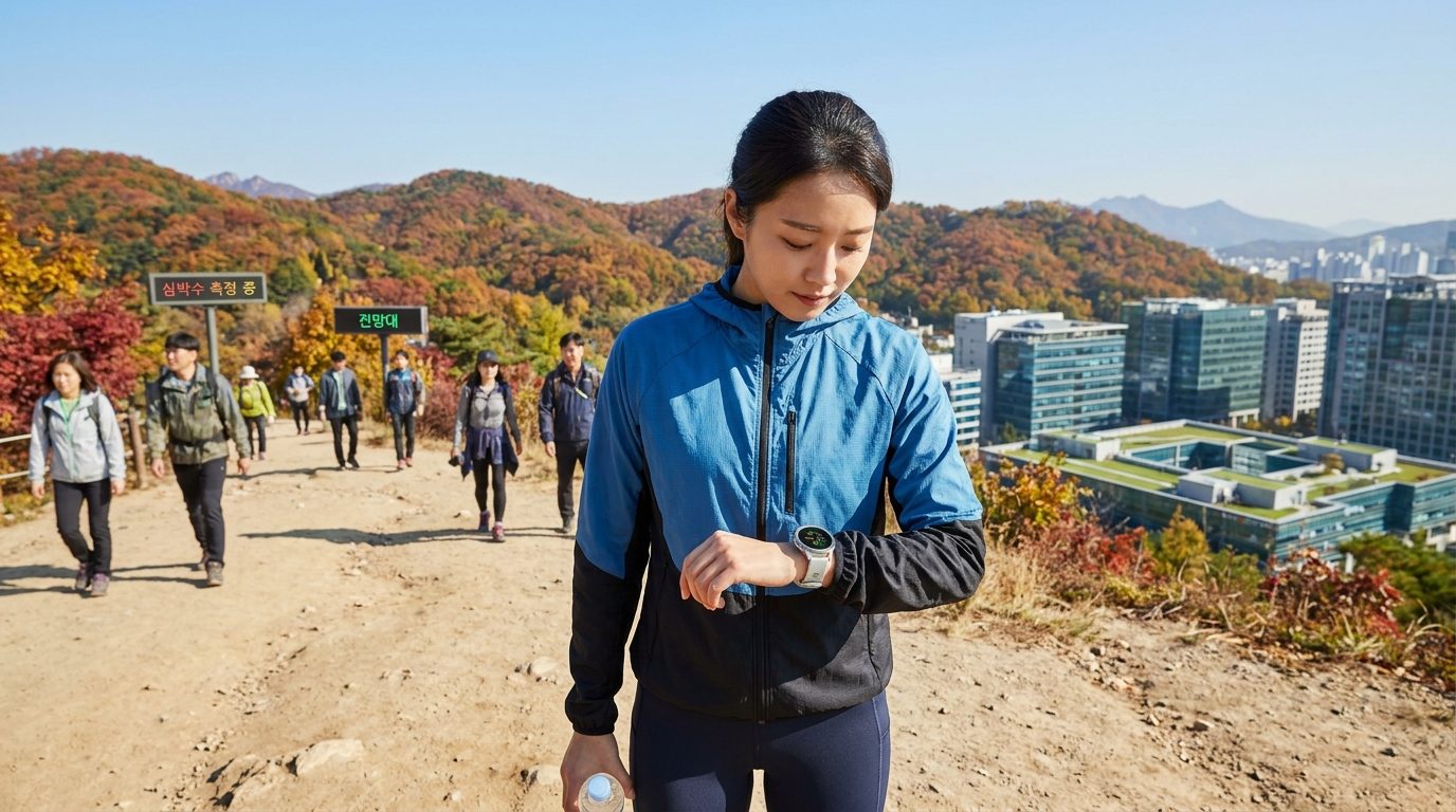 한국 여성 러너가 언덕 정상에서 스마트워치로 심박수, 거리, 고도를 확인하는 모습