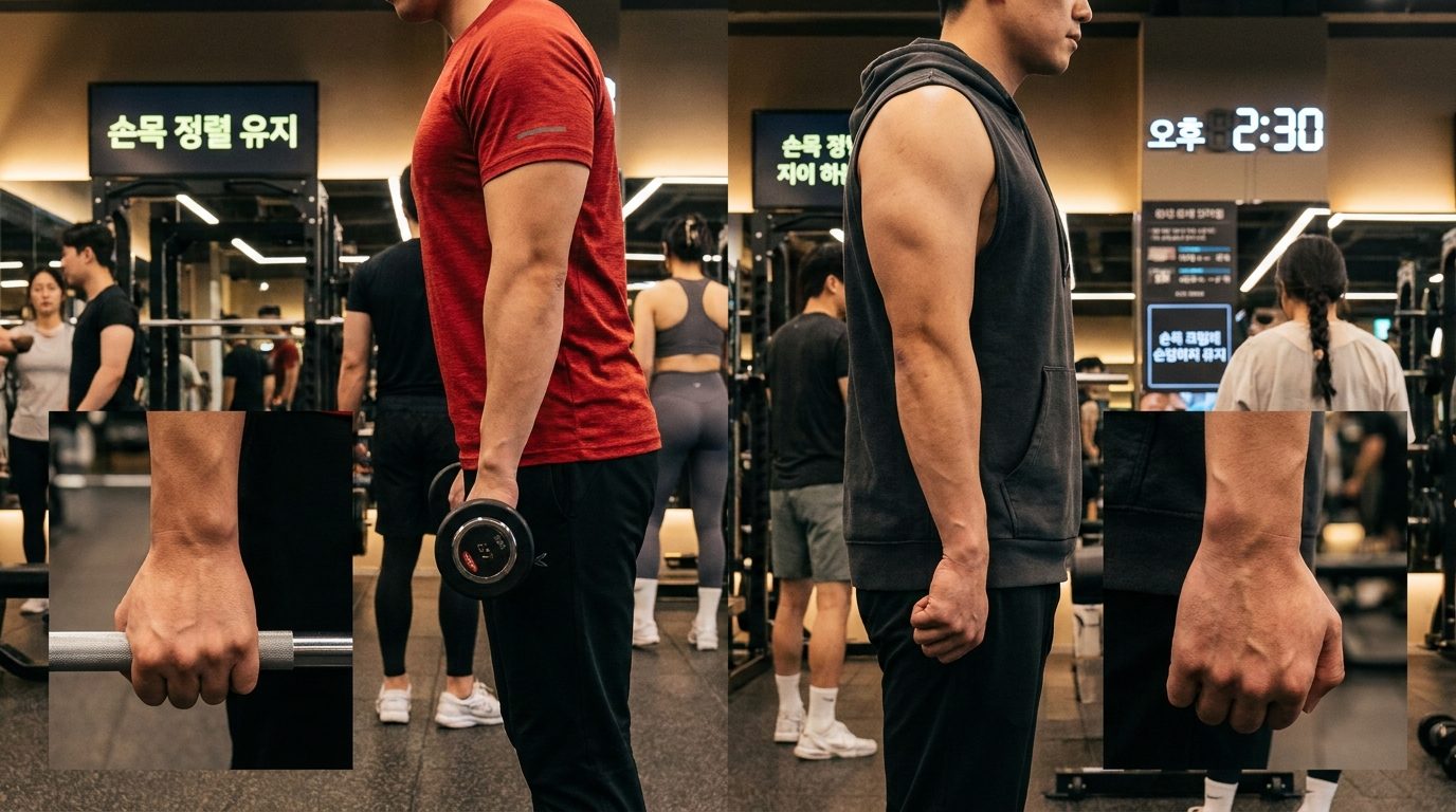 벤치프레스 중 정자세 그립과 불독그립의 손목 자세를 비교하는 한국인 남성의 실사 이미지