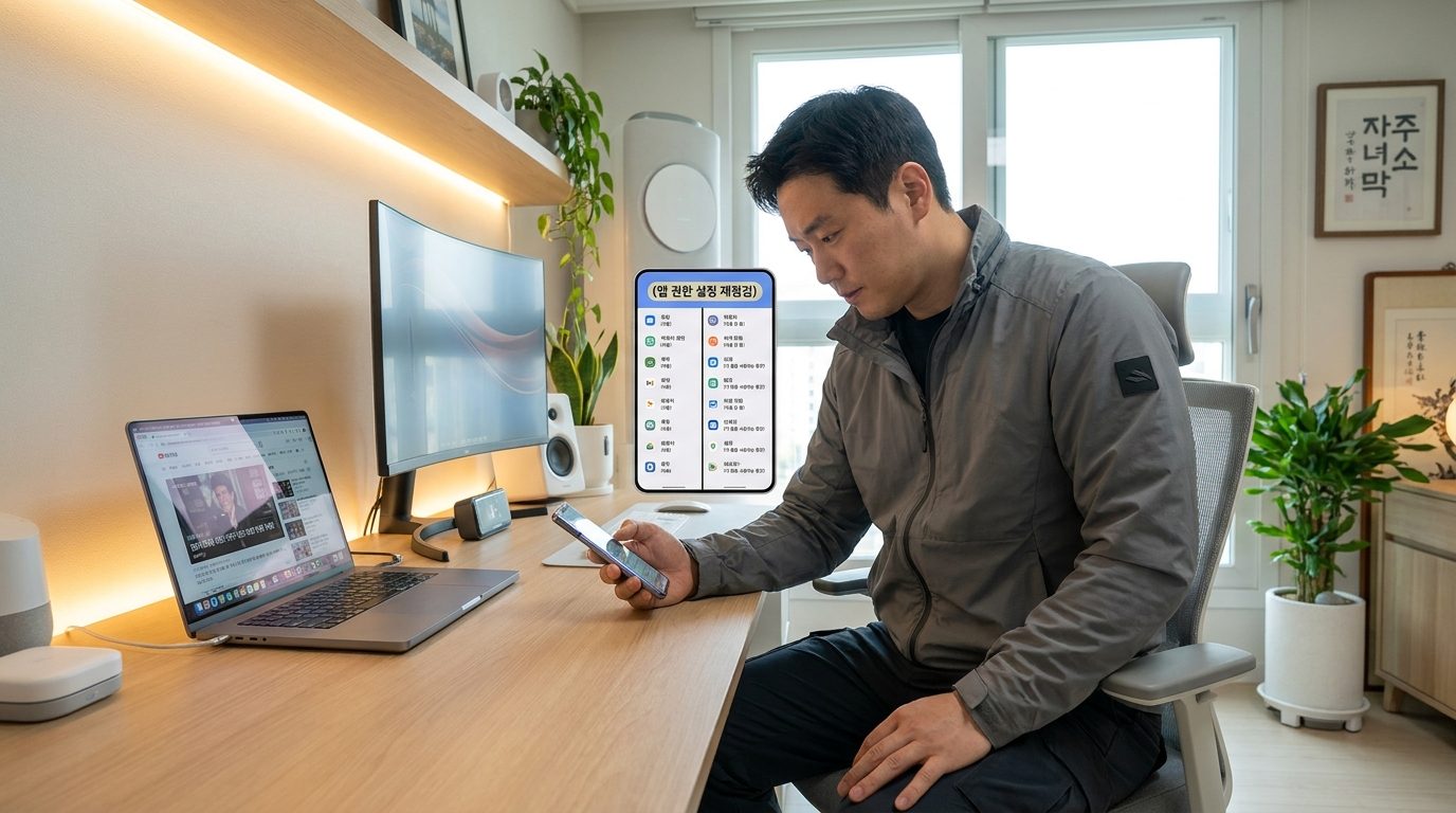 책상에서 현대적인 한국 의상을 입고 스마트폰과 노트북으로 앱 권한 설정을 재점검하는 한국 성인