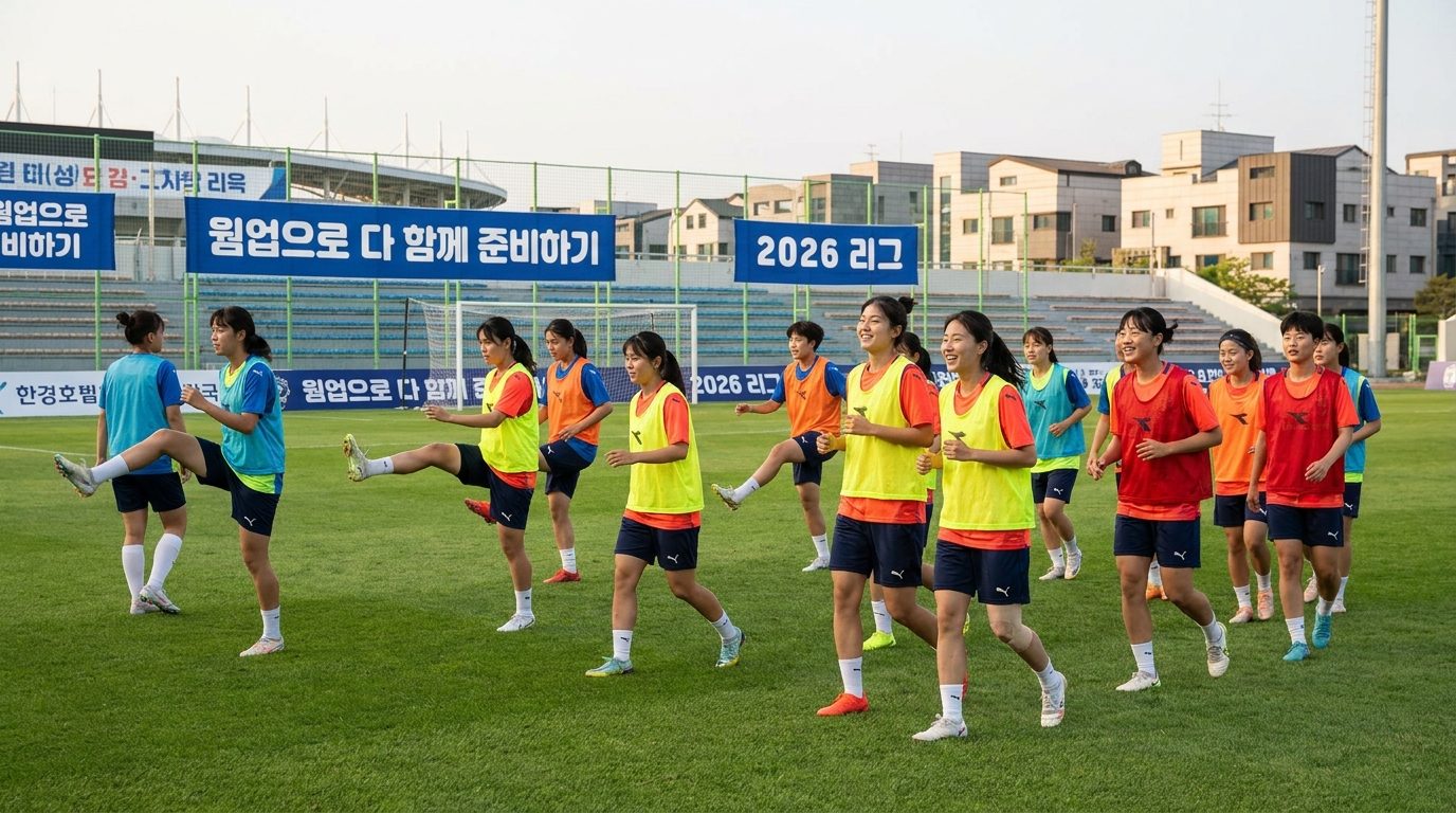 풋살 워밍업: 여성 축구팀이 화창한 야외 축구장에서 활기차게 웜업을 하는 모습, 한글 문구가 적힌 배너가 보임