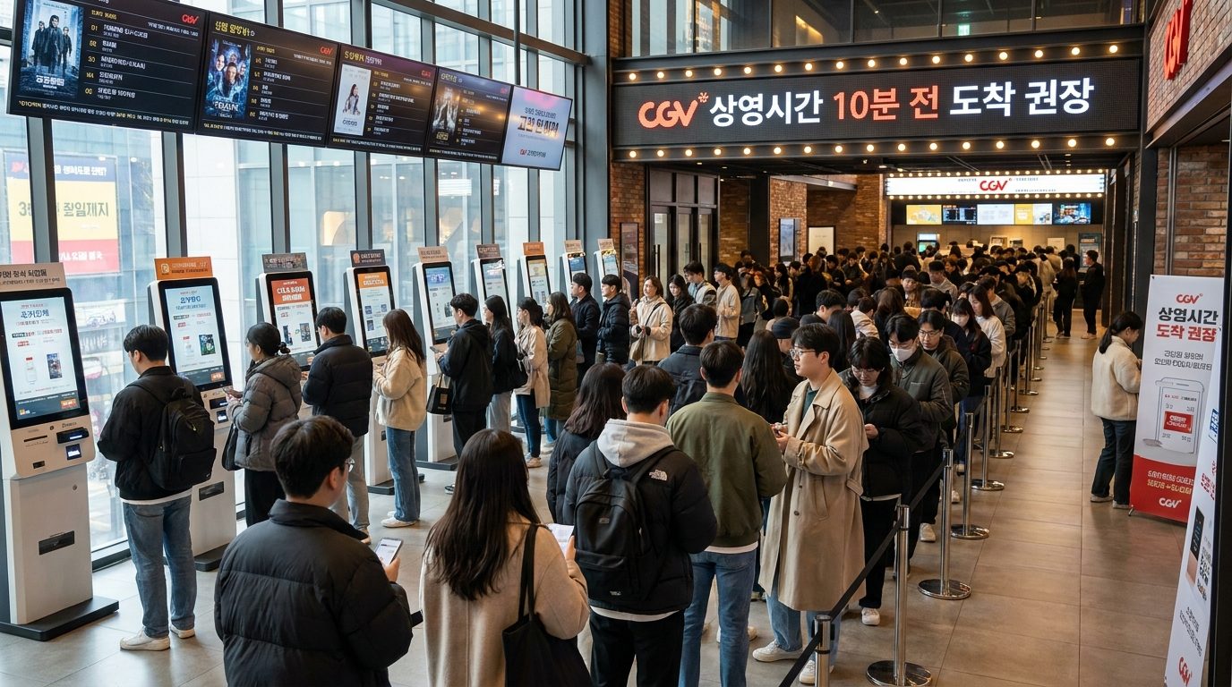 CGV 영화관 무인 발권기 앞에 줄 서 있는 한국 관객들과 10분 전 도착 권장 안내 전광판 모습
