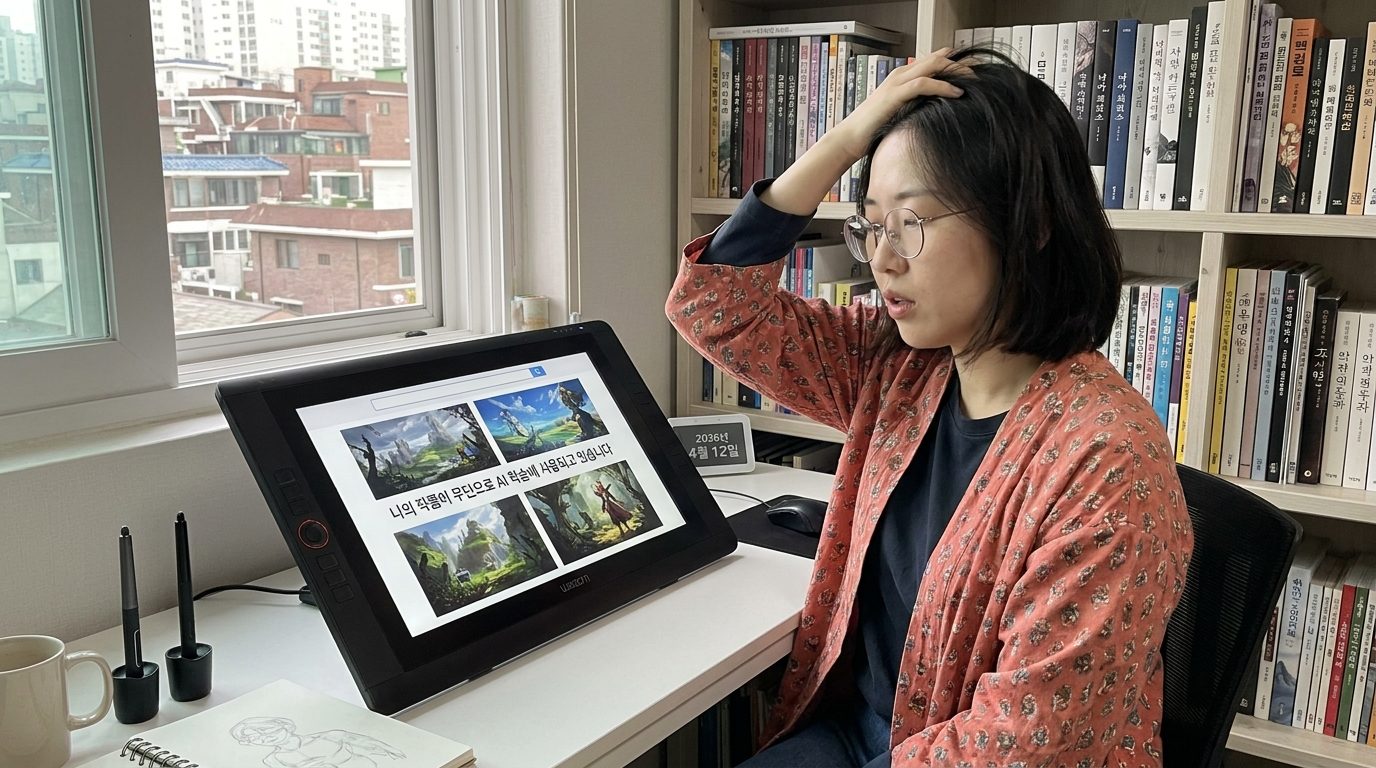 자신의 그림스타일이 AI에 모방되어 당황하는 한국 일러스트 작가의 디지털 드로잉 작업 공간 클로즈업