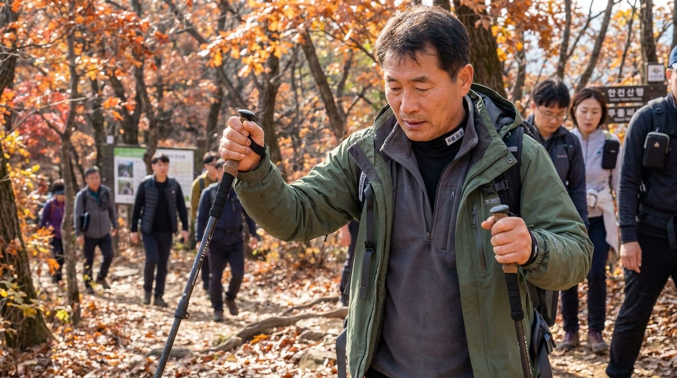 가을 산행에서 등산 스틱을 사용해 무릎 보호와 체력 관리를 하는 50대 한국인 등산객의 모습