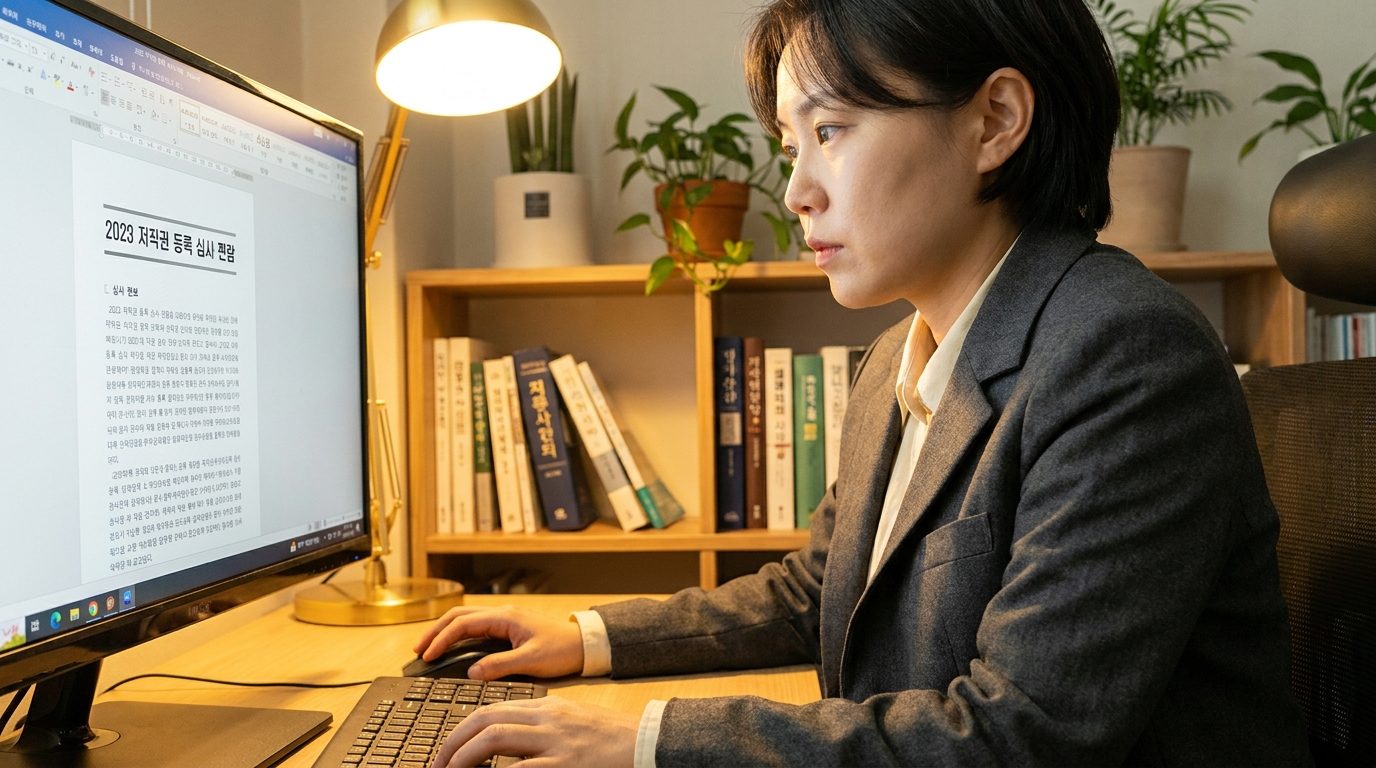 컴퓨터 화면에서 한국 2023 저작권 등록 심사 편람을 검토하는 현대적 복장의 전문가 클로즈업