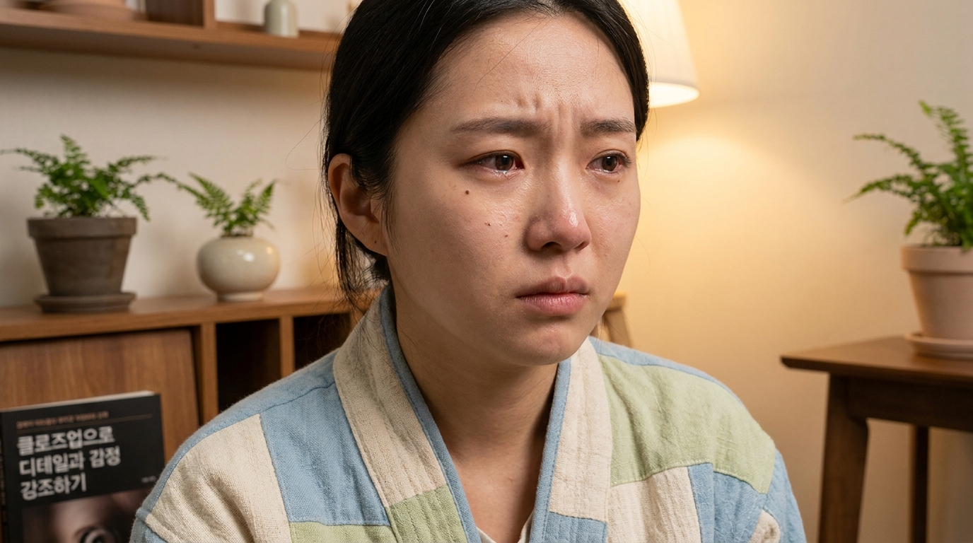 감정을 강조하는 젊은 한국 여성의 클로즈업 초상화, 부드럽게 흐려진 배경 포함