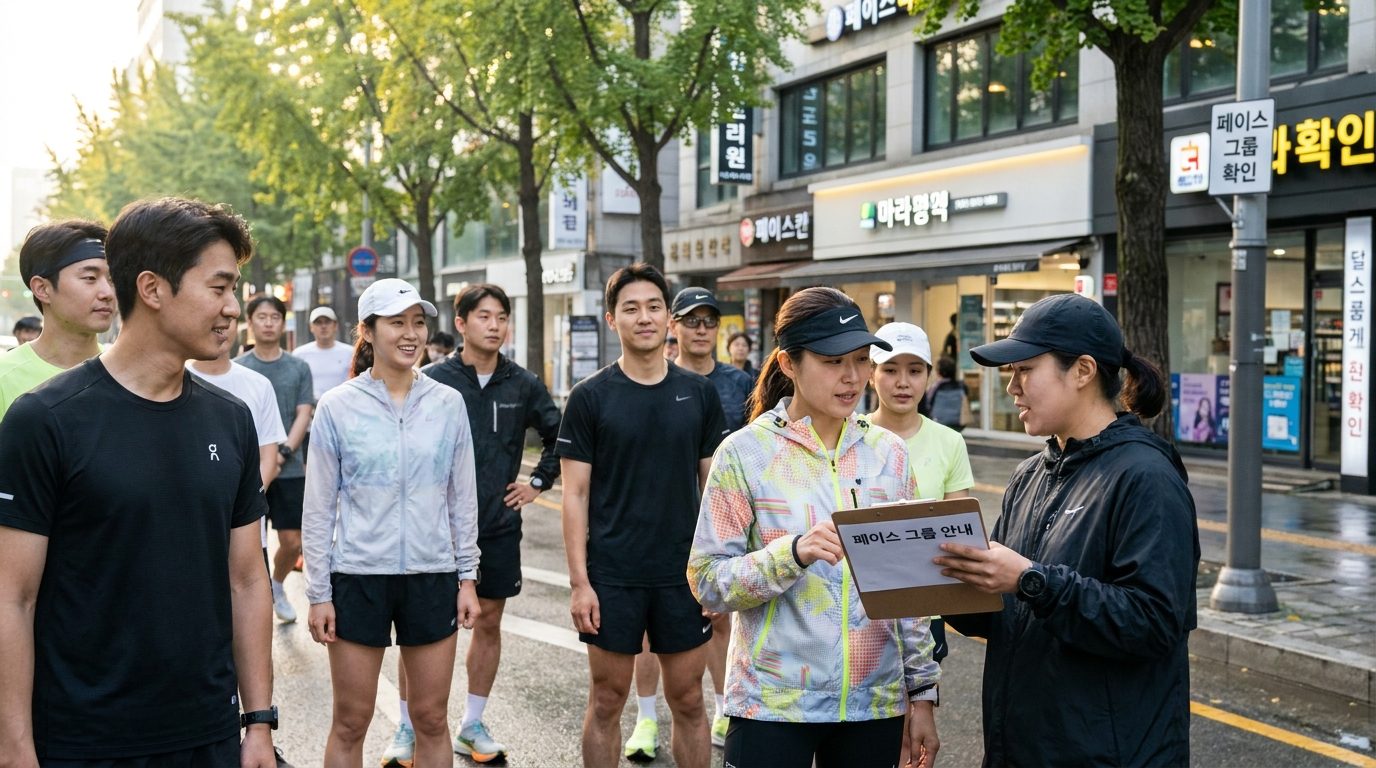 도시 거리에서 여러 페이스 그룹으로 나뉘어 출발 준비 중인 한국 러너들의 근접 촬영