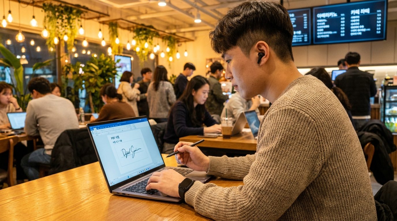 카페에서 PDF 편집 프로그램으로 직접 서명하는 프리랜서의 모습
