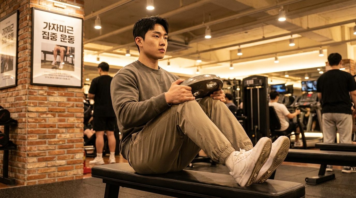 운동 벤치에 앉아 무릎에 원판을 올리고 시티드 카프레이즈를 수행하는 한국인의 모습, 한국어 문구가 벽에 적혀있다.