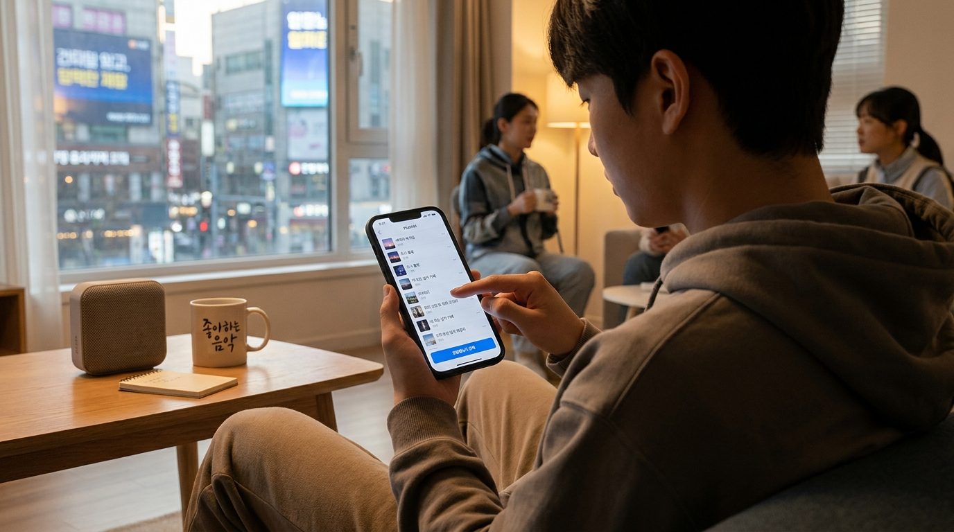젊은 한국인이 집 안에서 휴대폰으로 알람 벨소리를 좋아하는 음악으로 선택하고 있다.