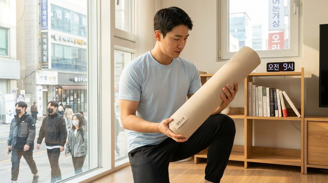 밝은 아파트에서 천연고무 요가매트를 살펴보는 한국 남성의 모습