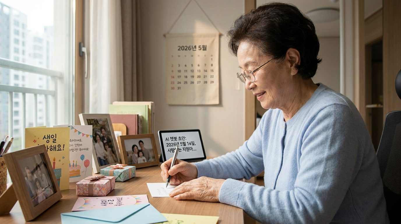 AI 편지 쓰기: 할아버지 또는 할머니가 아늑한 방에서 밝고 다정한 표정으로 편지를 쓰고 있는 모습