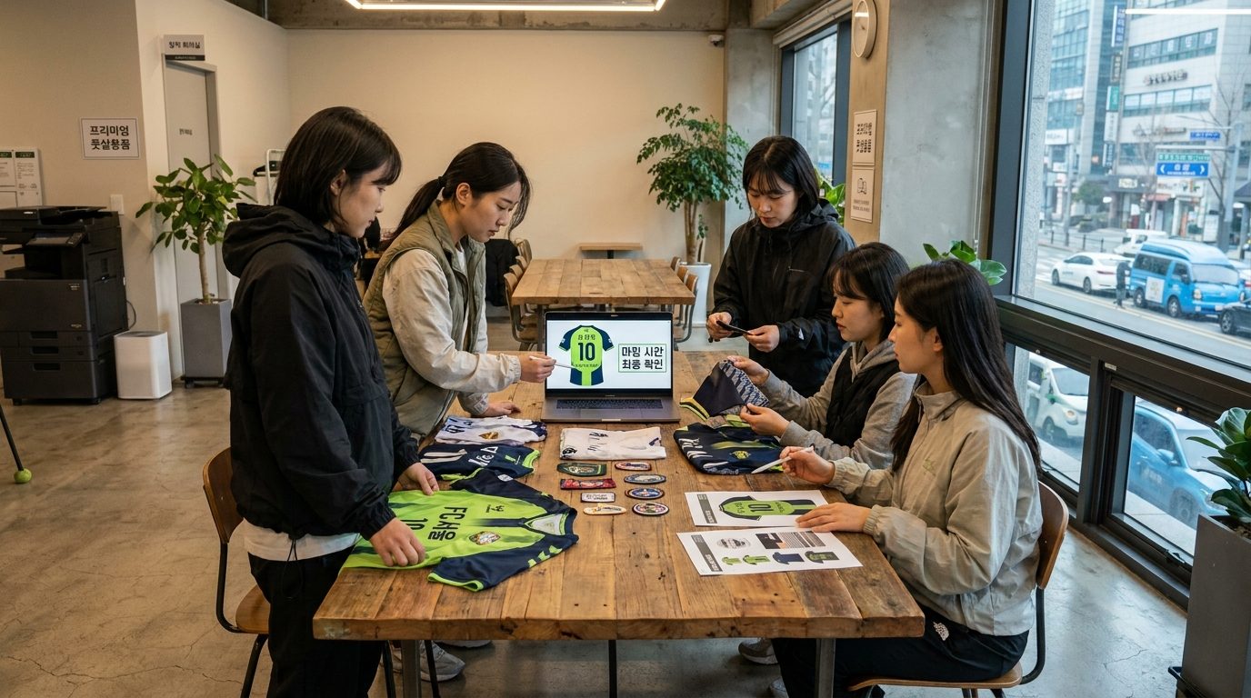 여성 풋살 동호회 회원들이 유니폼 마킹 시안을 최종 점검하는 모습