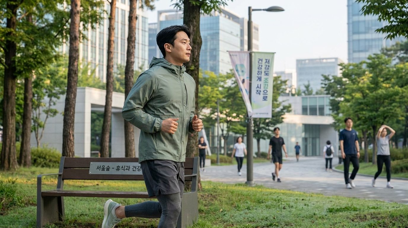 초록 공원에서 저강도로 조깅하는 젊은 한국인의 옆모습