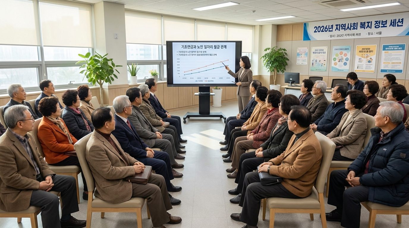 현대 커뮤니티 센터에서 기초연금과 노인 일자리 월급 관계 강연에 참석한 노인들