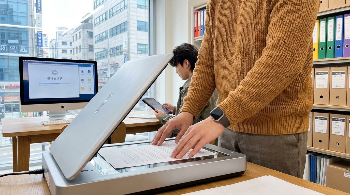 한글 OCR 텍스트 추출: 사람이 사무실에서 최신 평판 스캐너로 서류를 조심스럽게 스캔하는 모습, 한글 문구가 화면에 나타남