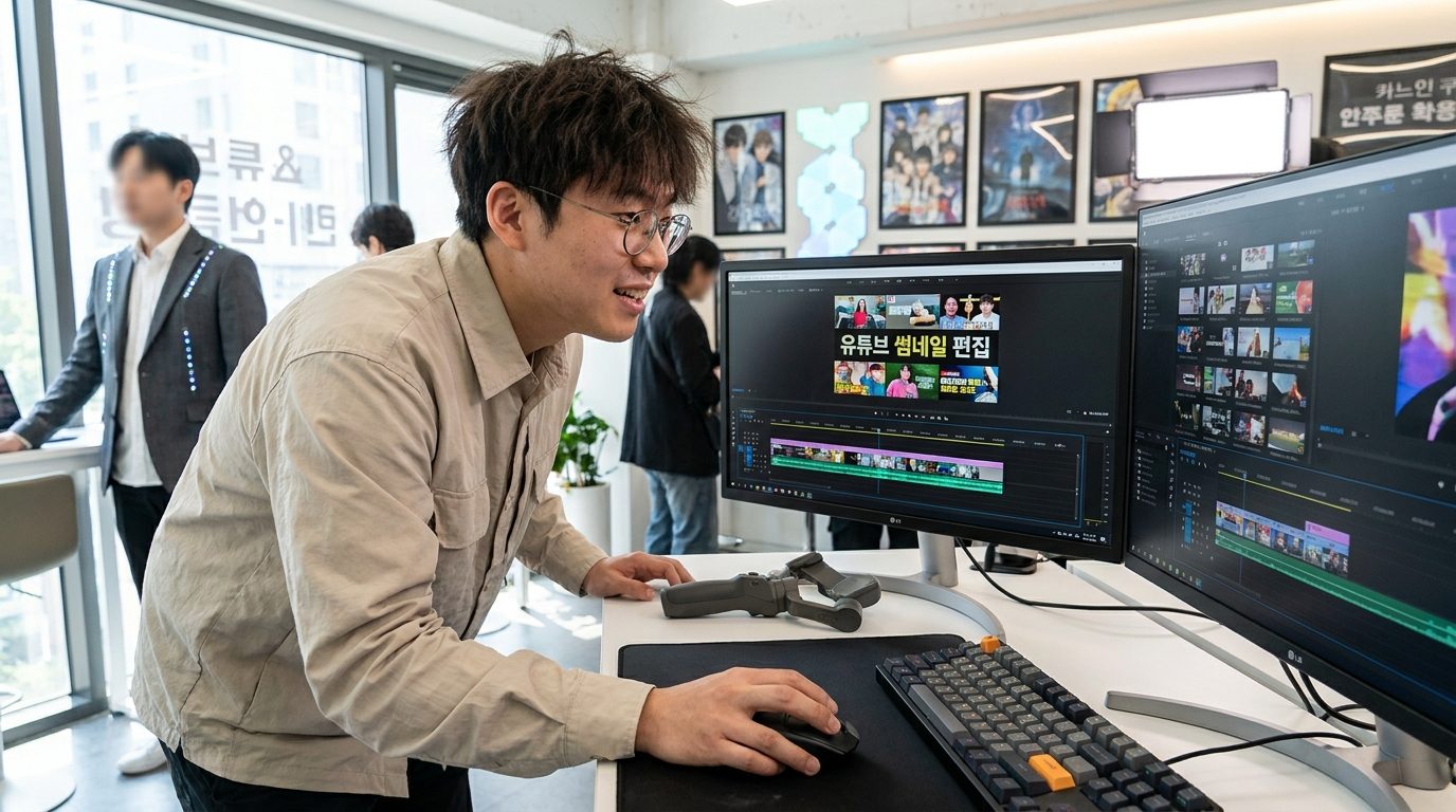 유튜브 영상 편집자가 모니터 앞에서 썸네일 프레임을 고르고 있는 모습