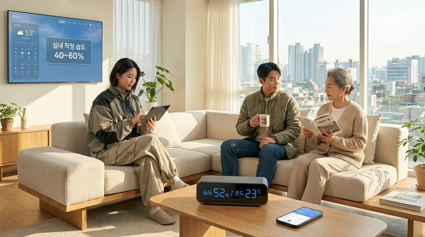 실내 적정 습도, 2026년 대한민국의 현대적 거실에서 적정 습도 40~60%를 표시하는 디지털 온습도계와 다양한 한국인이 자연스럽게 어울리는 모습