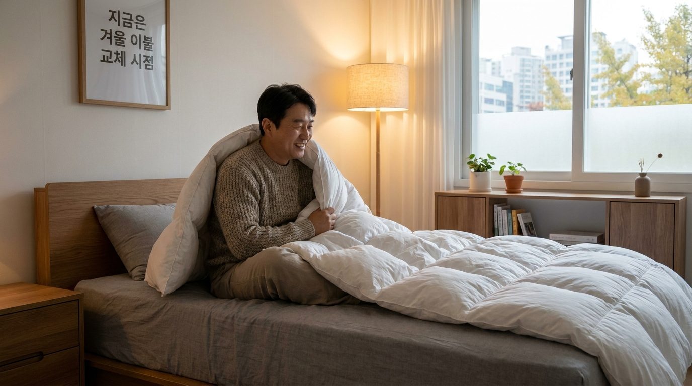 늦가을 아침, 두꺼운 구스다운 이불로 몸을 감싸고 편안해하는 중년 한국 남성 모습