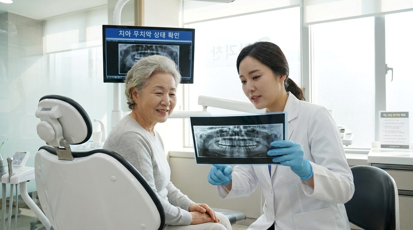 치과 의사가 노년 환자에게 파노라마 엑스레이 결과를 설명하는 모습