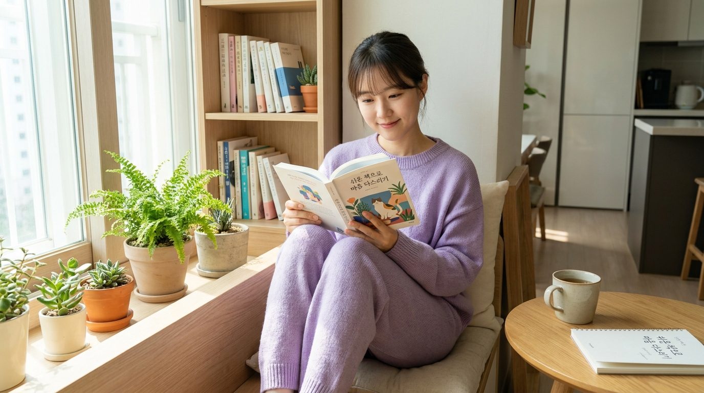 편안한 집안 독서 공간에서 쉬운 책을 읽는 여성