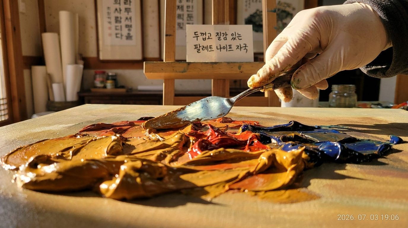 팔레트 나이프로 임파스토 기법의 두꺼운 물감을 캔버스에 바르는 한국인 예술가 손 클로즈업