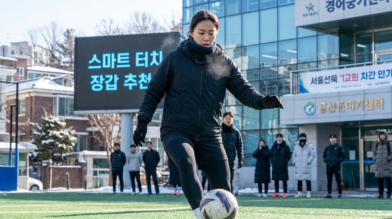 겨울 풋살 경기에서 터치스크린 대응 장갑을 착용하고 드리블하는 여성 선수 모습