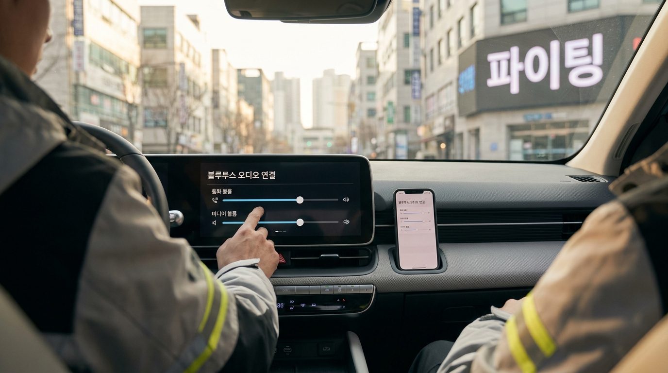 블루투스 오디오 연결 상태와 차량 내 볼륨 컨트롤이 표시된 한국 자동차 대시보드