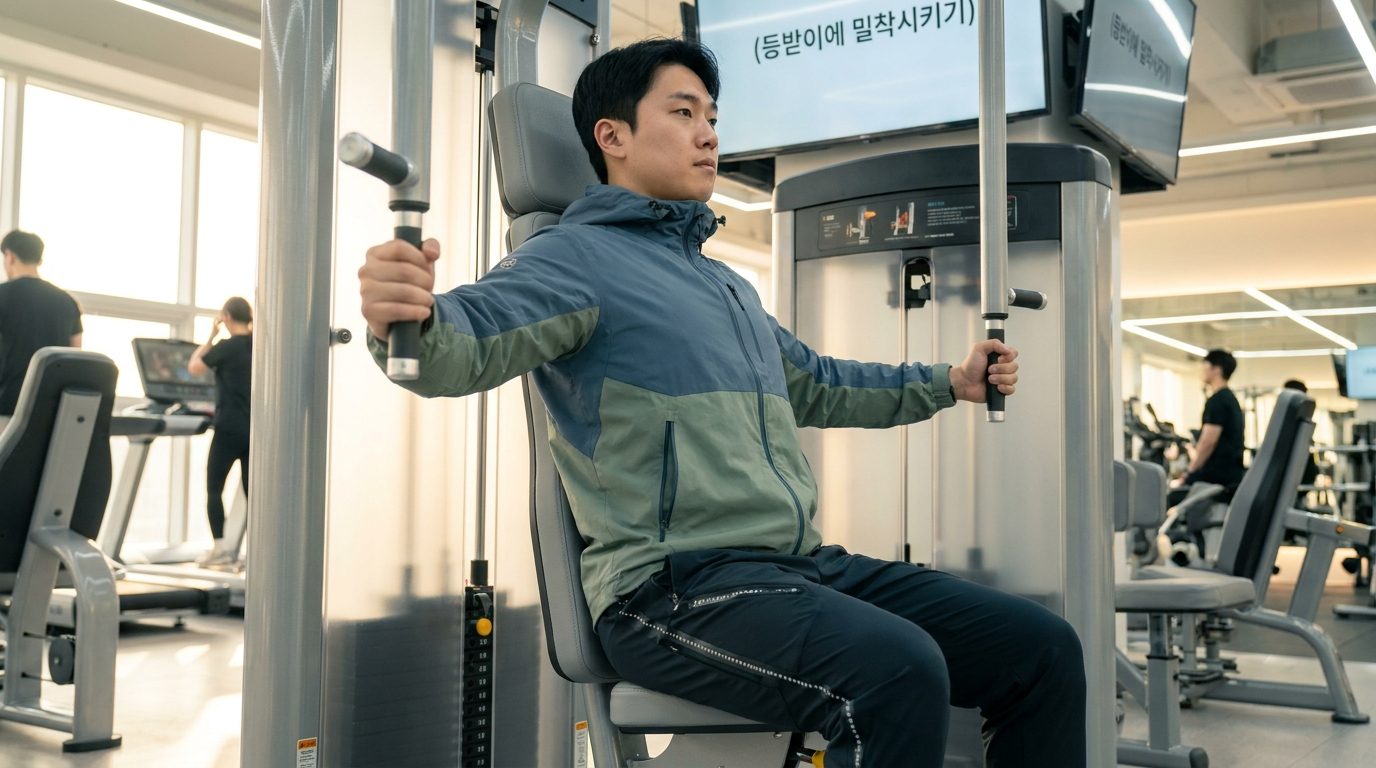 등받이에 등을 밀착시키고 올바른 자세로 펙덱플라이 머신에 앉아 있는 한국인 남성의 모습