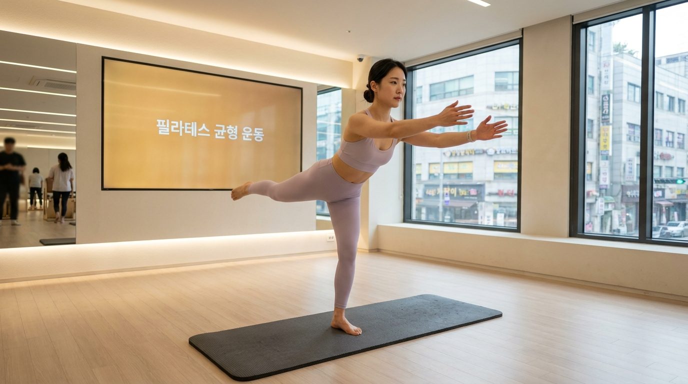 현대 한국 피트니스 스튜디오에서 필라테스 균형 운동을 하는 한국 여성의 모습