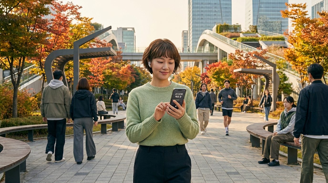 도시 공원에서 오디오북을 들으며 걷는 여성의 자연스러운 모습