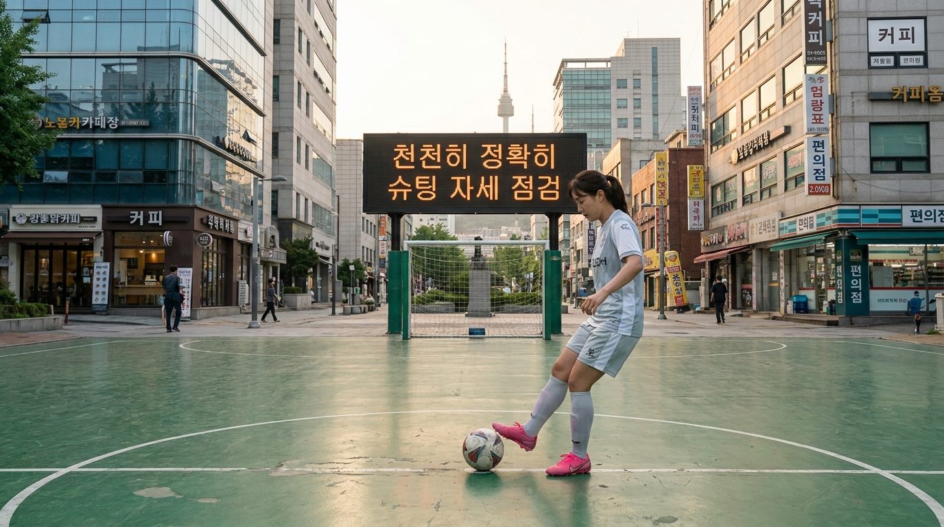 서울 도심 풋살장에서 천천히 슈팅 연습 중인 한국 여성 선수, 정교한 자세 점검 장면