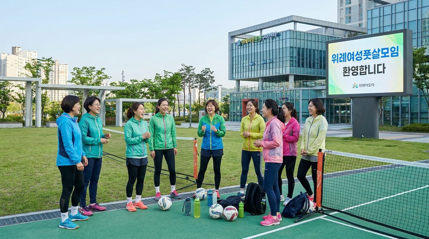 위례 여성 풋살 동호회: 위례신도시 공원에서 여성들이 활기차게 풋살 모임을 즐기는 모습