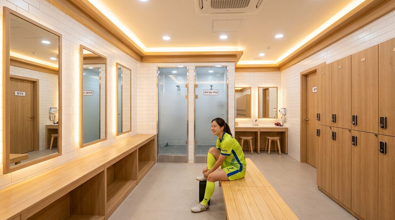 현대적인 여성 전용 풋살장 탈의실과 샤워실 내부, 깨끗하고 안락한 환경