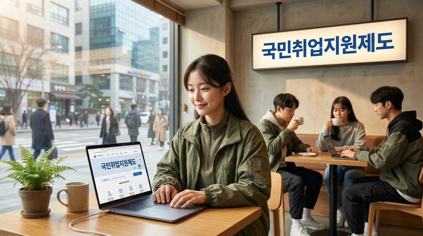 알바 국민취업지원제도: 한국인의 일상 카페에서 국민취업지원제도 웹사이트를 확인하는 젊은 성인의 이미지