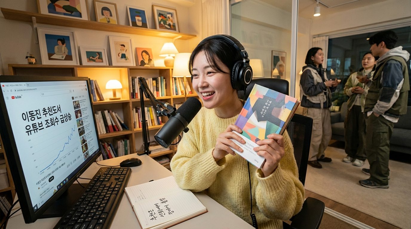 포근한 스튜디오에서 따뜻한 파스텔 스웨터를 입은 한국 여성 북리뷰어가 헤드폰을 착용하고 철학책을 들고 팟캐스트를 녹음하는 모습이다. 노트북과 노트에 한국어 문구가 보인다.