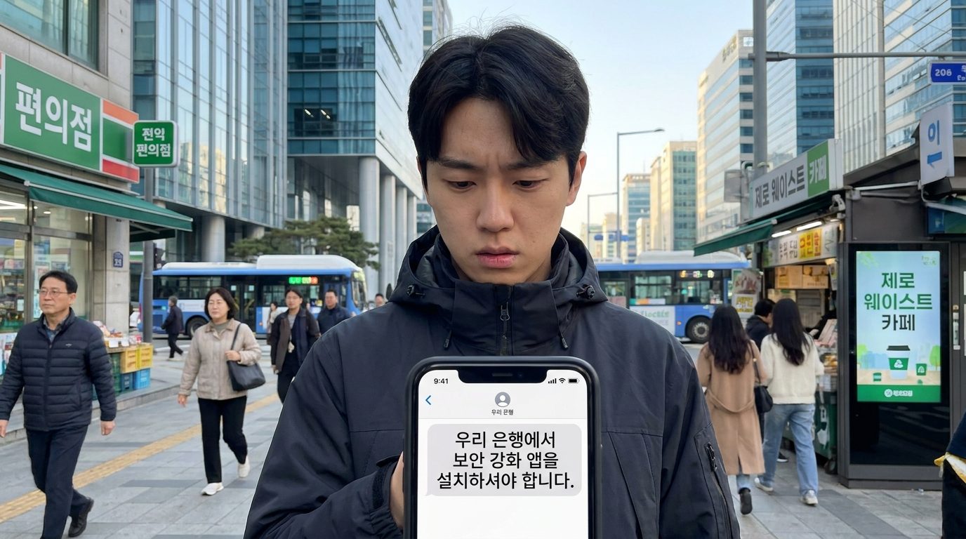 2026년 대한민국 현대 도시에서 최신 패션을 입은 한국인이 스마트폰으로 우리 은행 보안 강화 앱 설치 문자 메시지를 확인하는 장면
