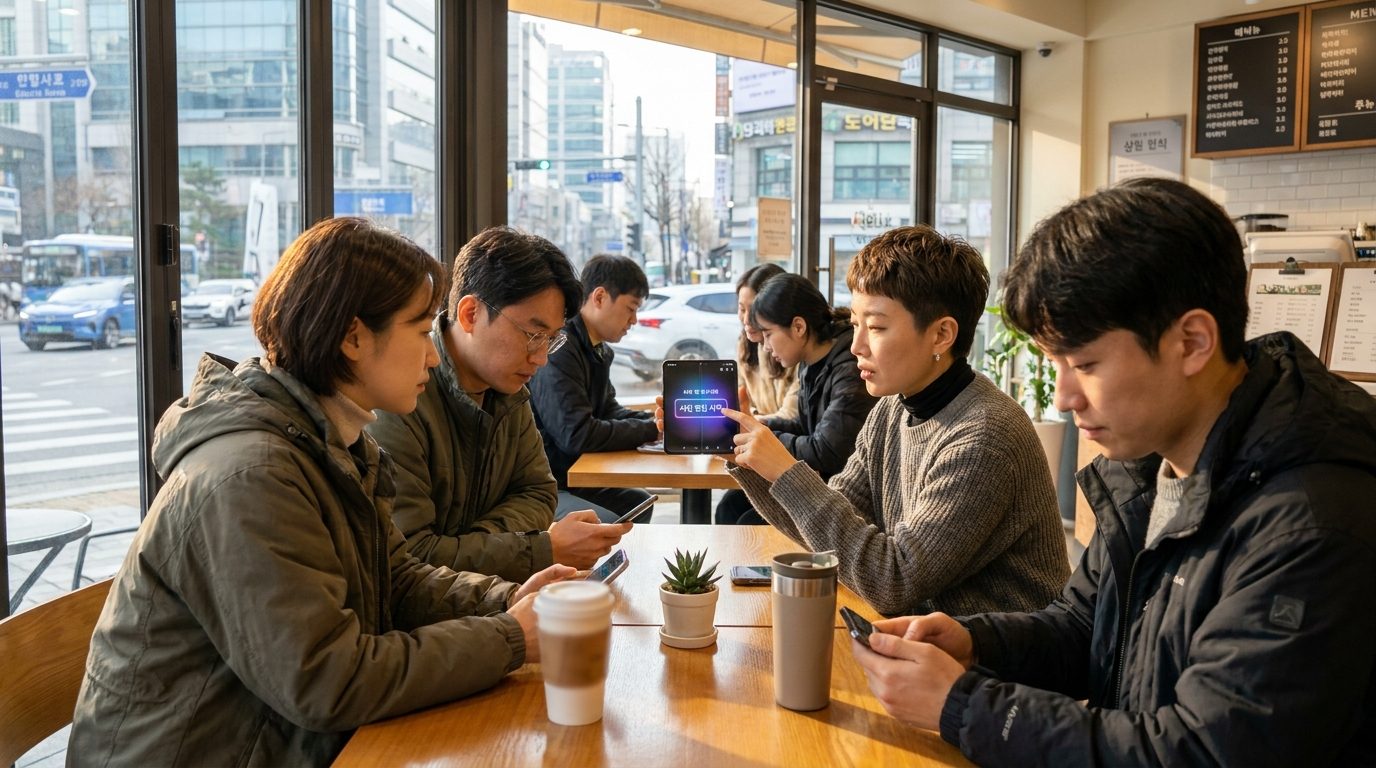 AI 사진 앱 추천: 2026년 대한민국 도심의 카페에서 스마트폰으로 사진 편집 앱을 사용하는 다양한 한국인들 모습