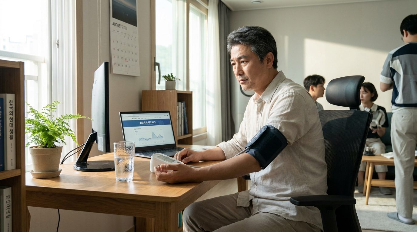 2026년 한국 현대 거실에서 혈압을 측정하는 중년 한국 남성의 실사 이미지