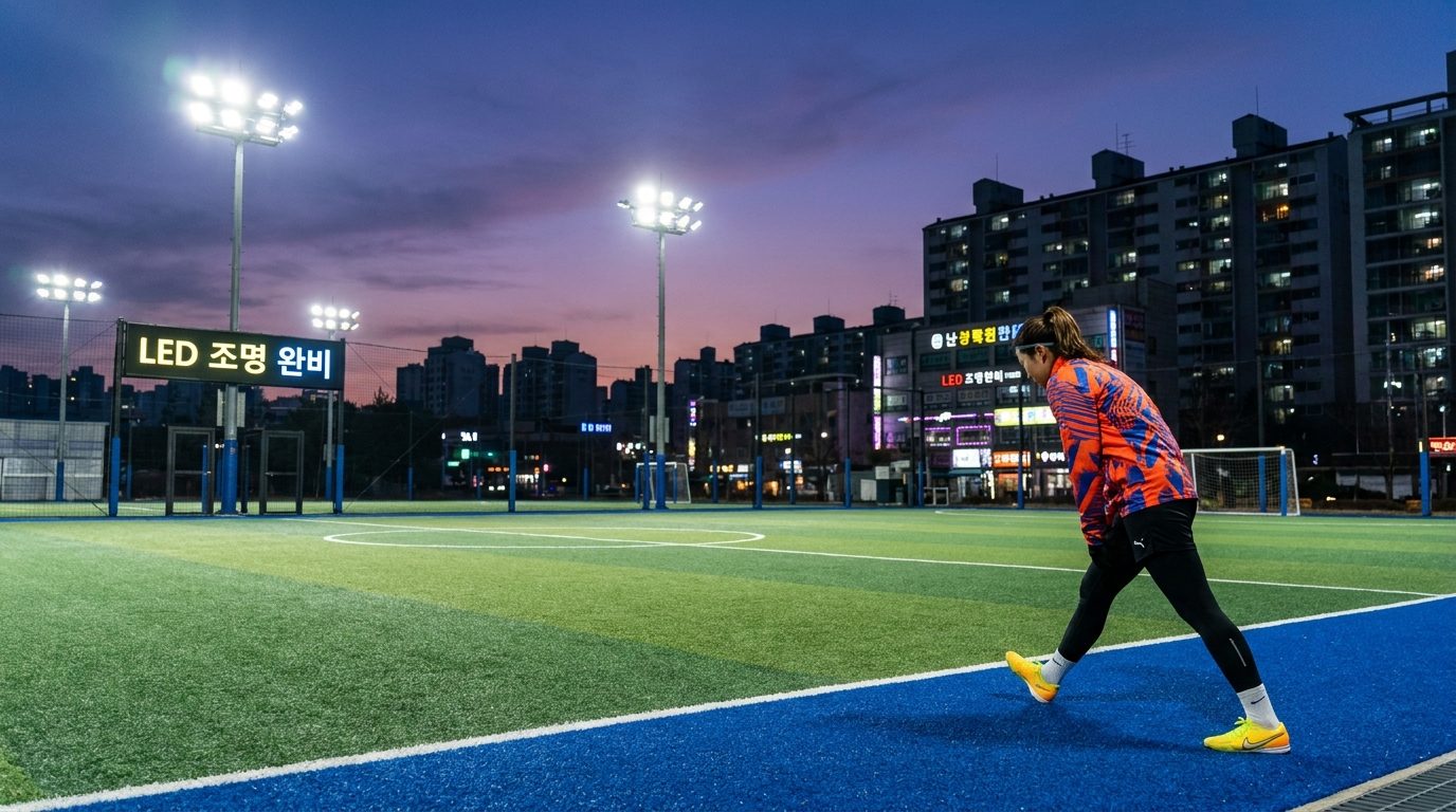 LED 조명이 켜진 한국 도시 풋살장 야간 모습과 여성 선수 워밍업 장면