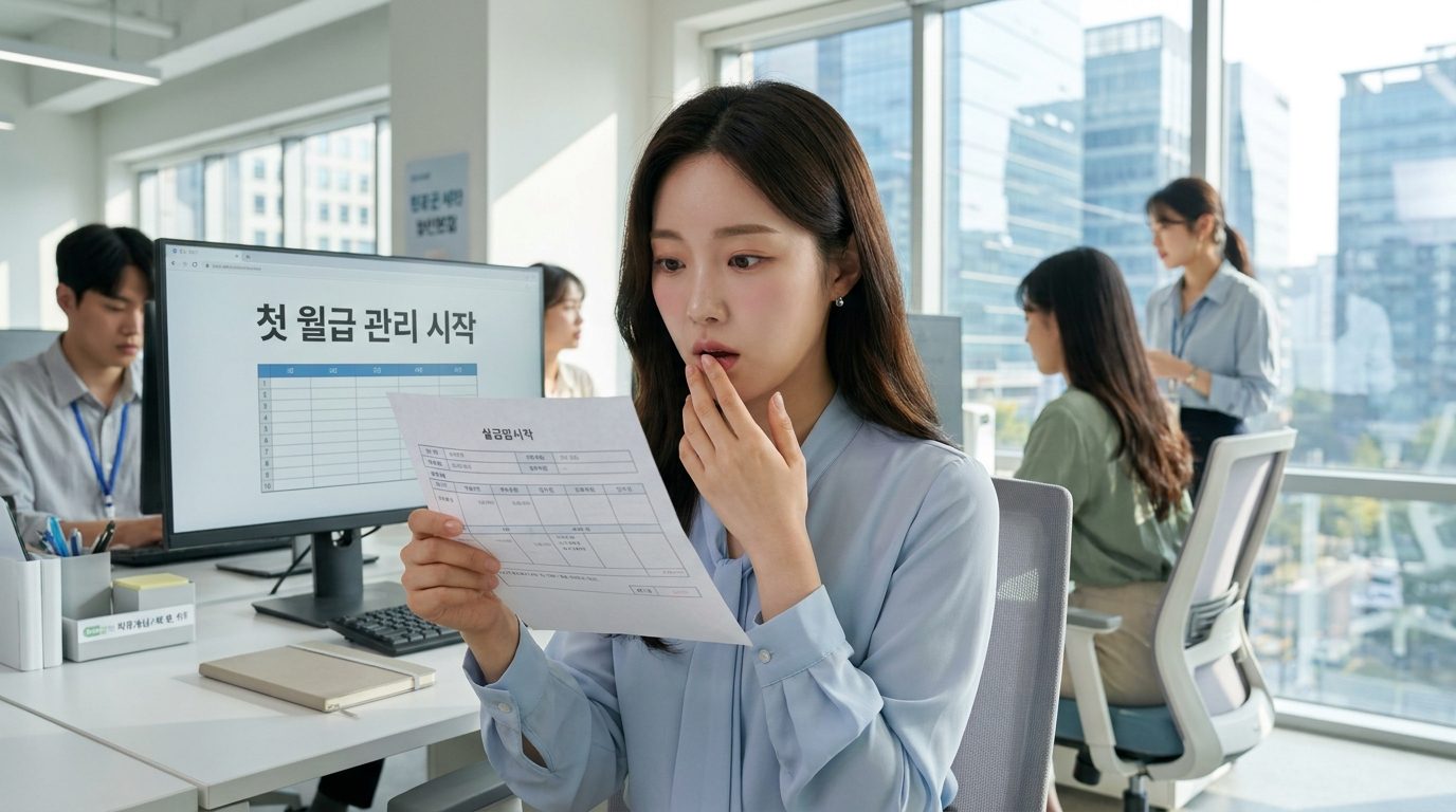 사회초년생 재테크: 첫 월급을 받고 돈 관리의 복잡함을 깨닫는 젊은 한국 여성의 모습