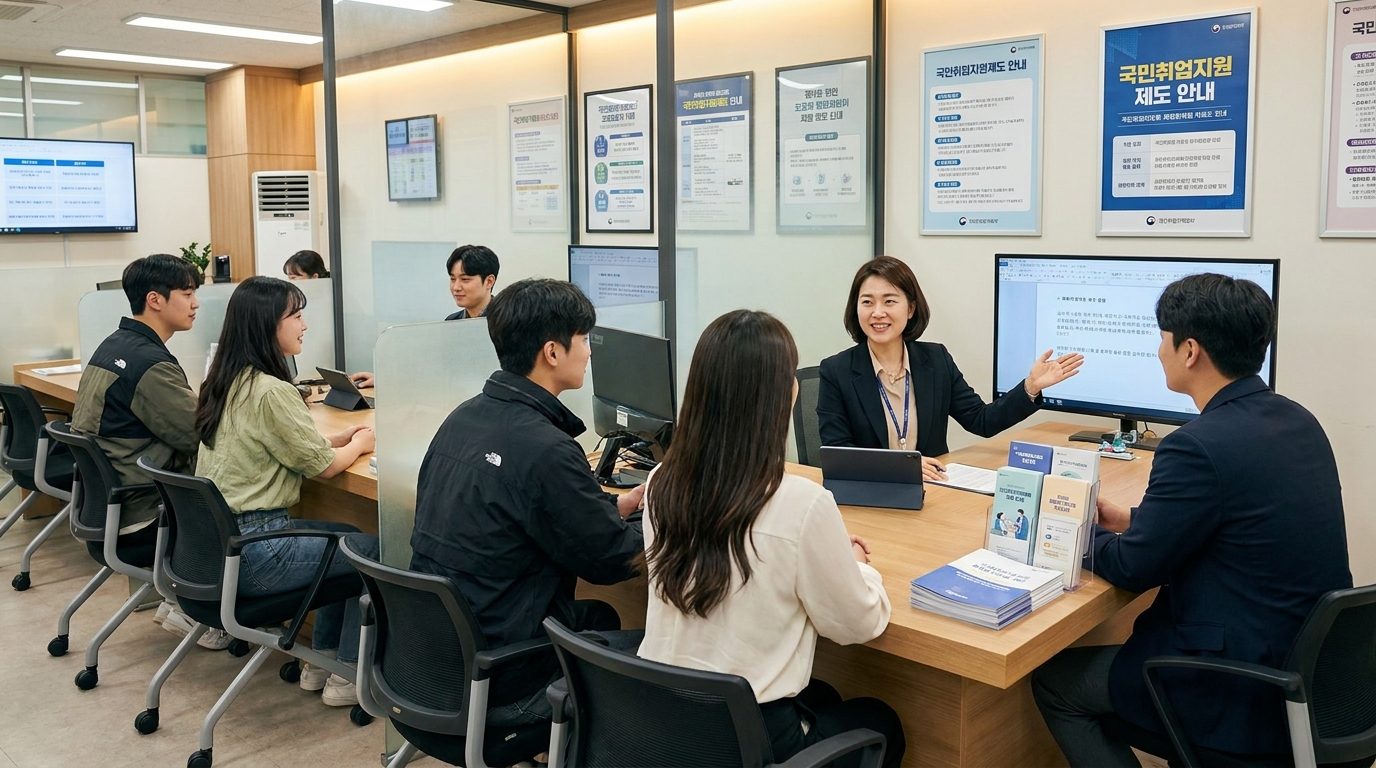 정부 취업 지원 센터에서 상담 받는 다양한 한국 청년들의 이미지