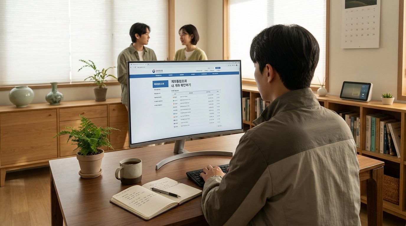 현대적인 한국 가정의 책상에서 계좌통합조회 웹사이트를 모니터로 확인하는 모습