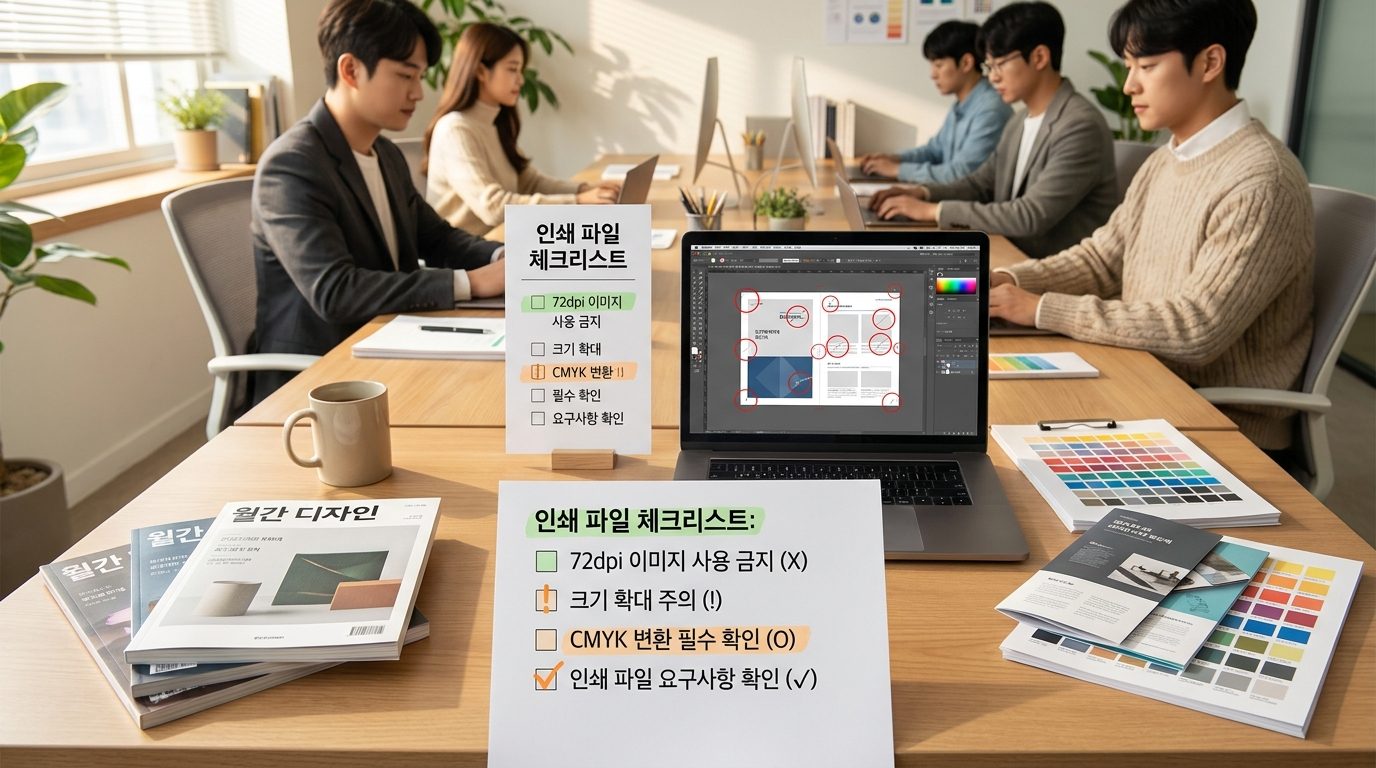 책상 위에 인쇄 전 체크리스트와 샘플 인쇄물이 놓여 있는 모습