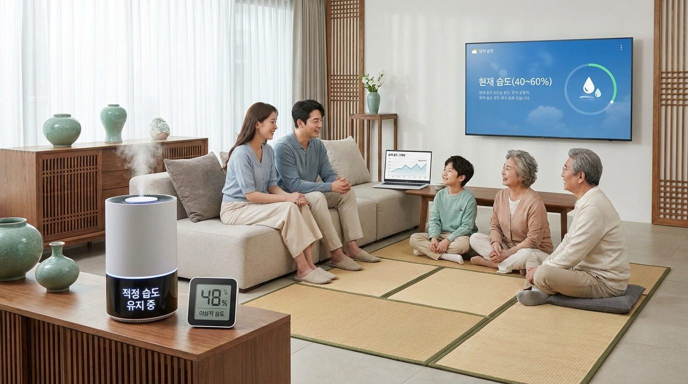 다세대 한국 가족이 함께하는 거실에서 가습기를 켜고 적정 습도를 유지하는 모습, 실내 기기와 화면에 한국어 표시 포함