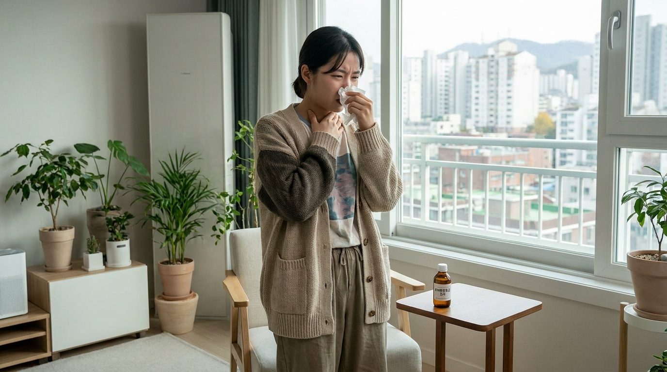 후비루증후군 증상으로 코를 닦고 있는 젊은 한국 여성