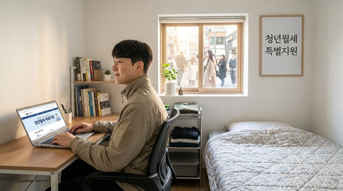 고시원 월세지원: 2026년 한국의 청년이 아늑한 고시원 방에서 고시원 월세 지원 정보를 확인하는 모습