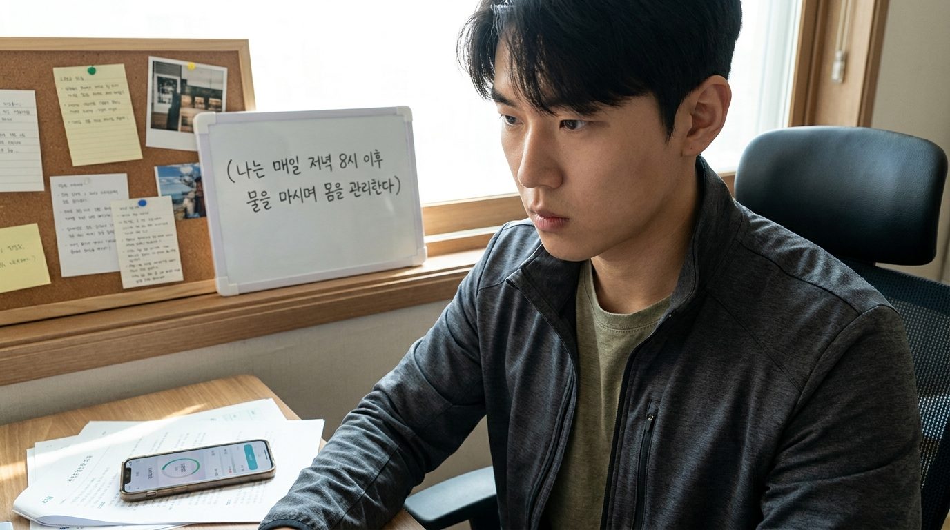 결연한 표정으로 책상 앞에 앉아 목표 문장을 적은 코르크판과 화이트보드가 보이는 한국인 성인 인물사진