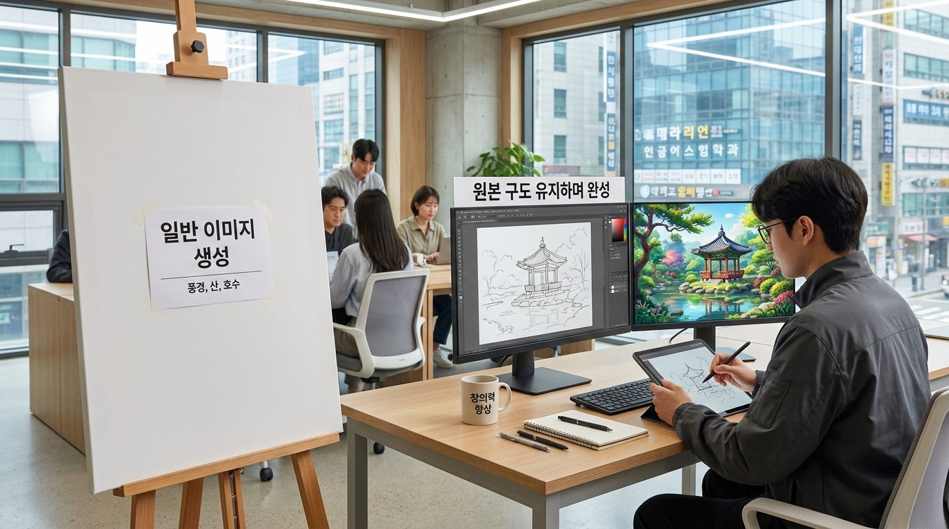현대 한국 작업 공간에서 AI img2img와 일반 이미지 생성 방식을 비교하는 모습