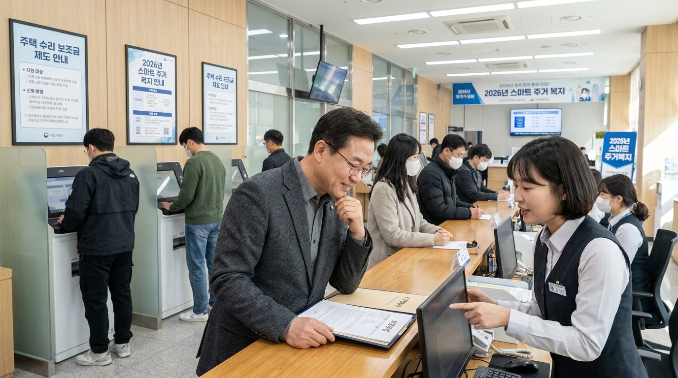 임대차 계약서와 주거복지 사업 안내문을 들고 정부 부처 상담하는 중년 남성의 모습
