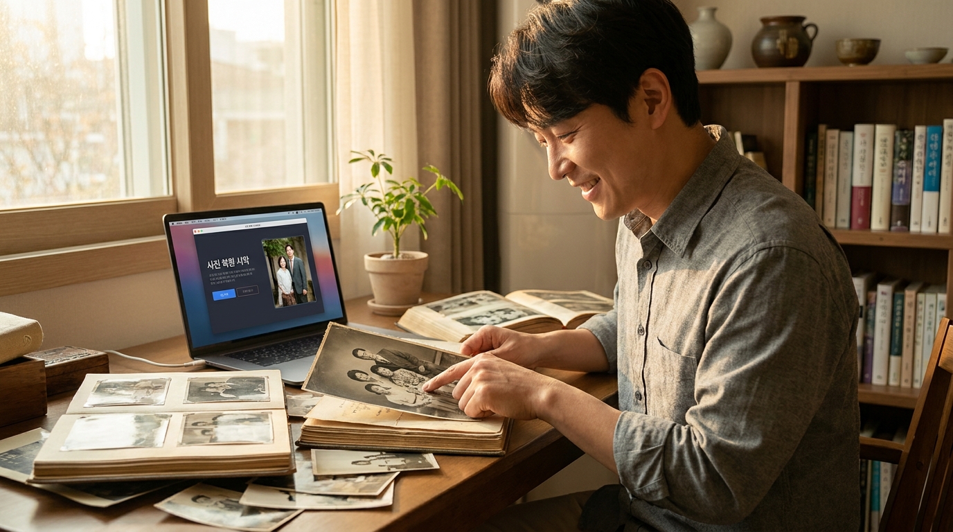 따뜻한 자연광 아래 거실 책상에서 옛 흑백 사진을 보며 추억에 잠긴 한국인 남성의 모습, 노트북 화면에 AI 사진 복원 프로그램이 보인다.